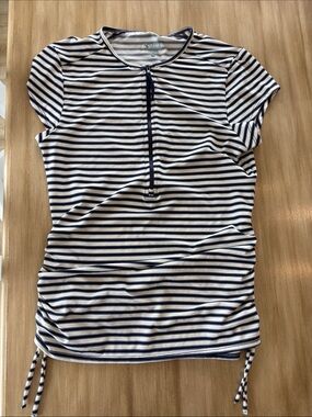 Carve Designs Navy & White Striped Short-Sleeve Zip Swim Tunic (Medium)